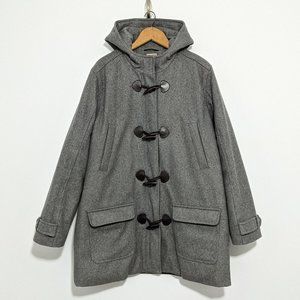 Womens XL Wool Pea Coat, Toggle Buttons, Charcoal Gray Hooded Long Jacket, XL